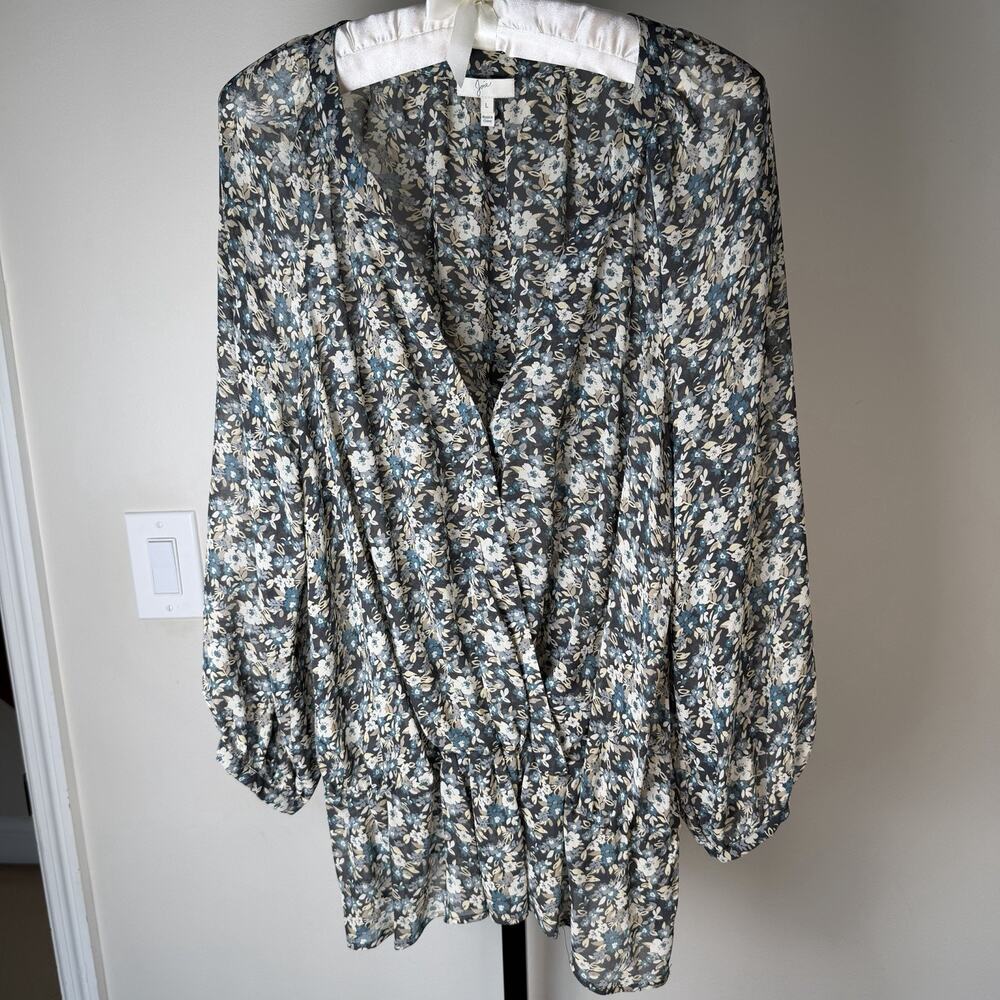 JOIE Blue, Tan, Cream Floral Surplice Blouse Drop Waist Size Large